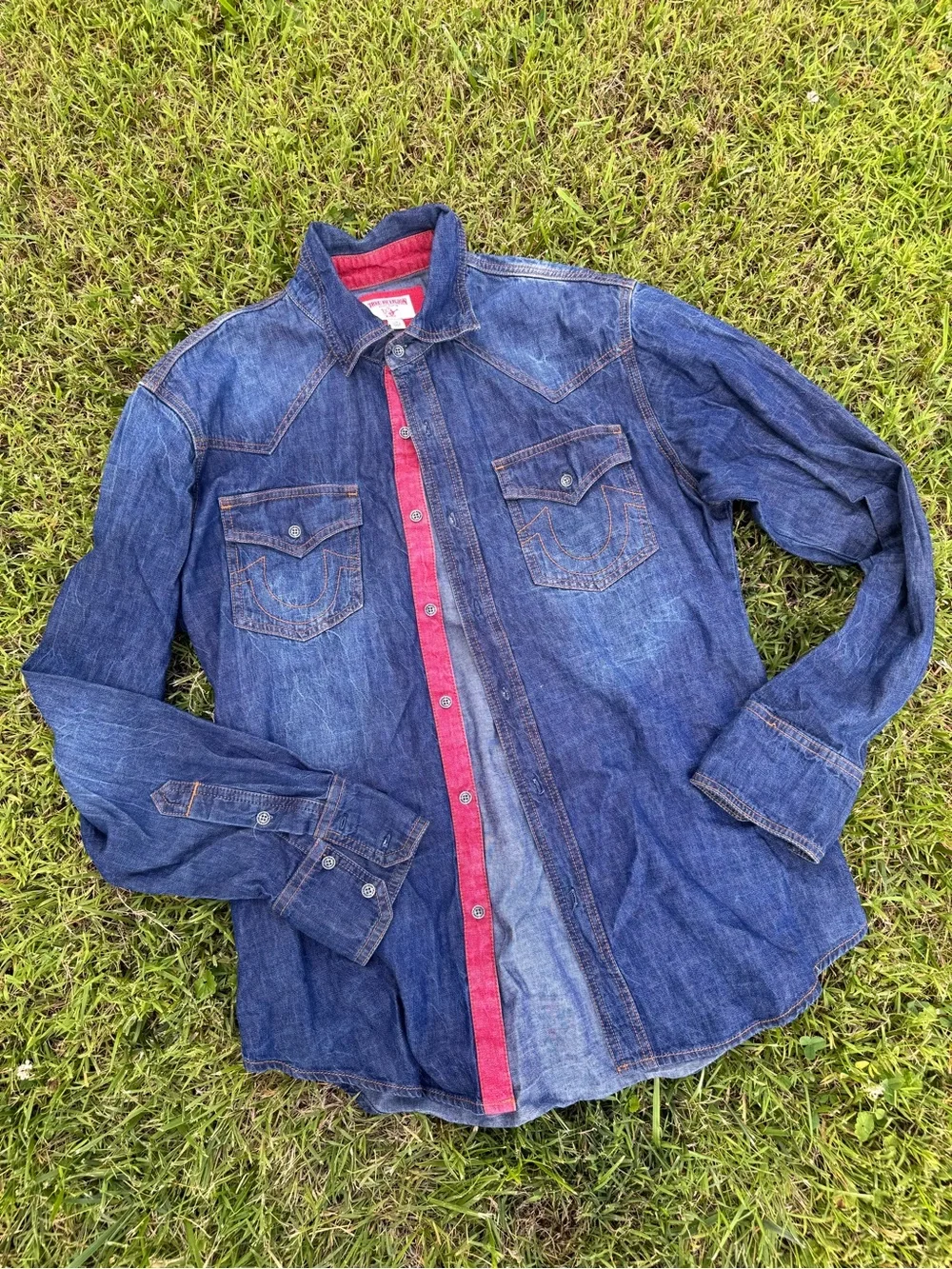 True Religion Men's Dark Blue Denim Western Button-Down Shirt with Red Trim
